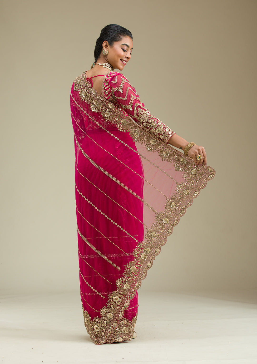 Rani Pink Tissue Cording Saree With Matching Blouse Piece