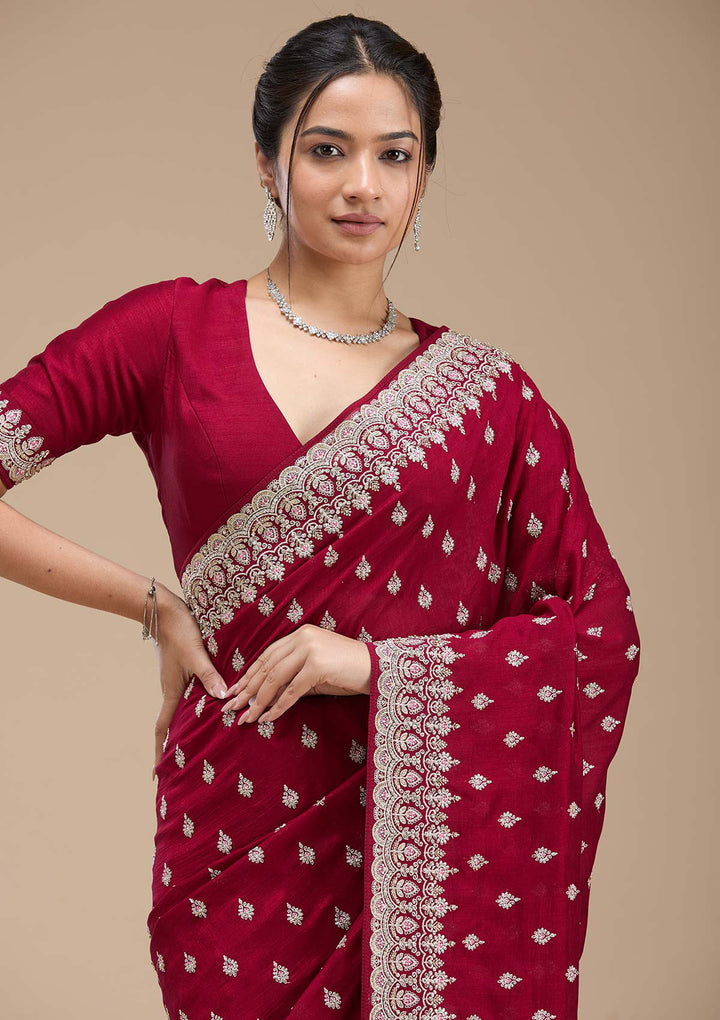 Maroon Threadwork Soft Raw Silk Saree