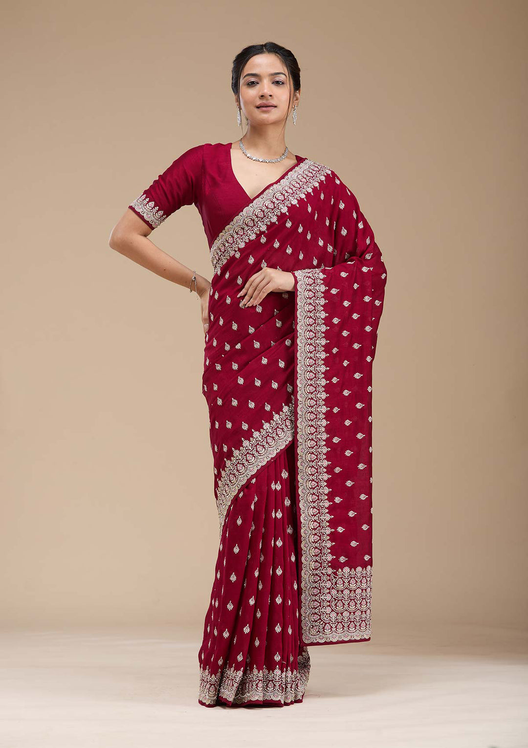 Maroon Threadwork Soft Raw Silk Saree