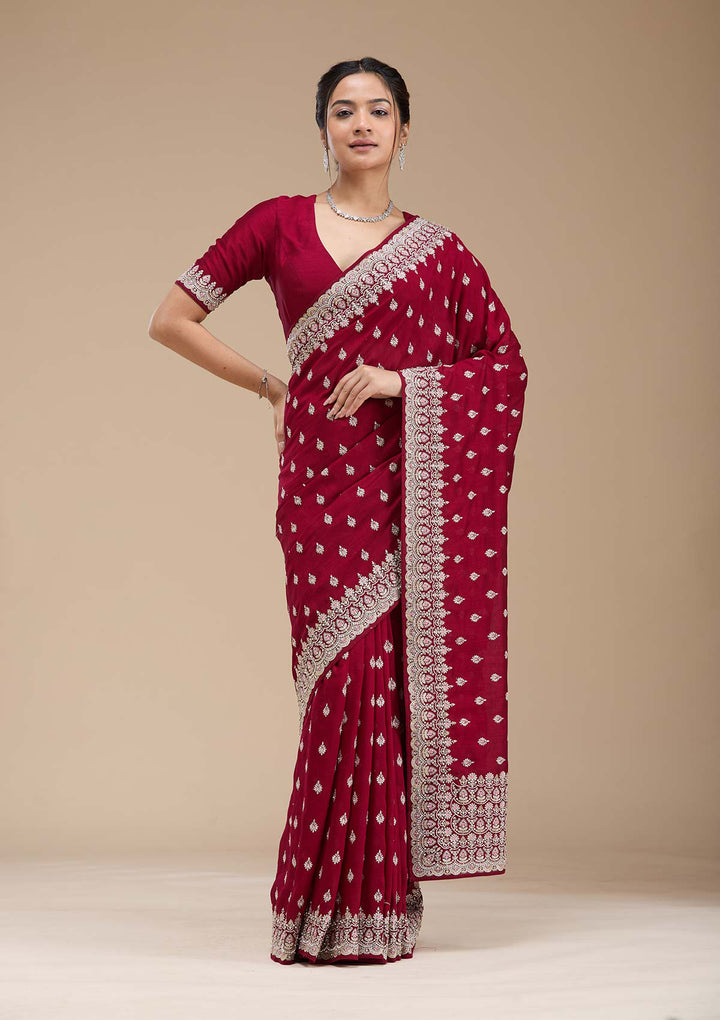 Maroon Threadwork Soft Raw Silk Saree