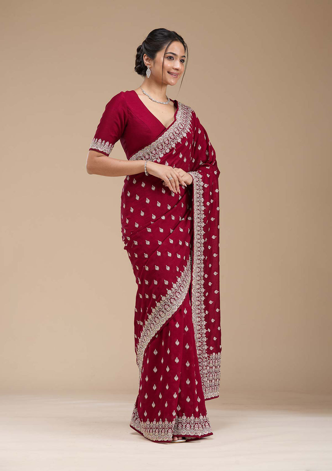 Maroon Threadwork Soft Raw Silk Saree