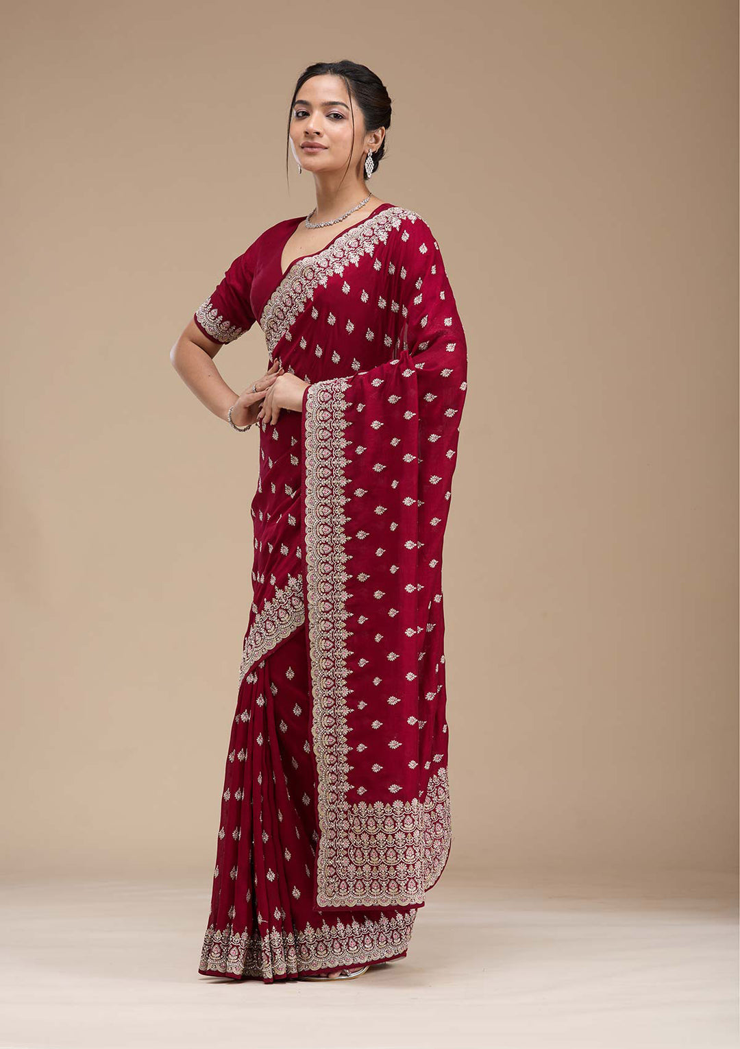 Maroon Threadwork Soft Raw Silk Saree