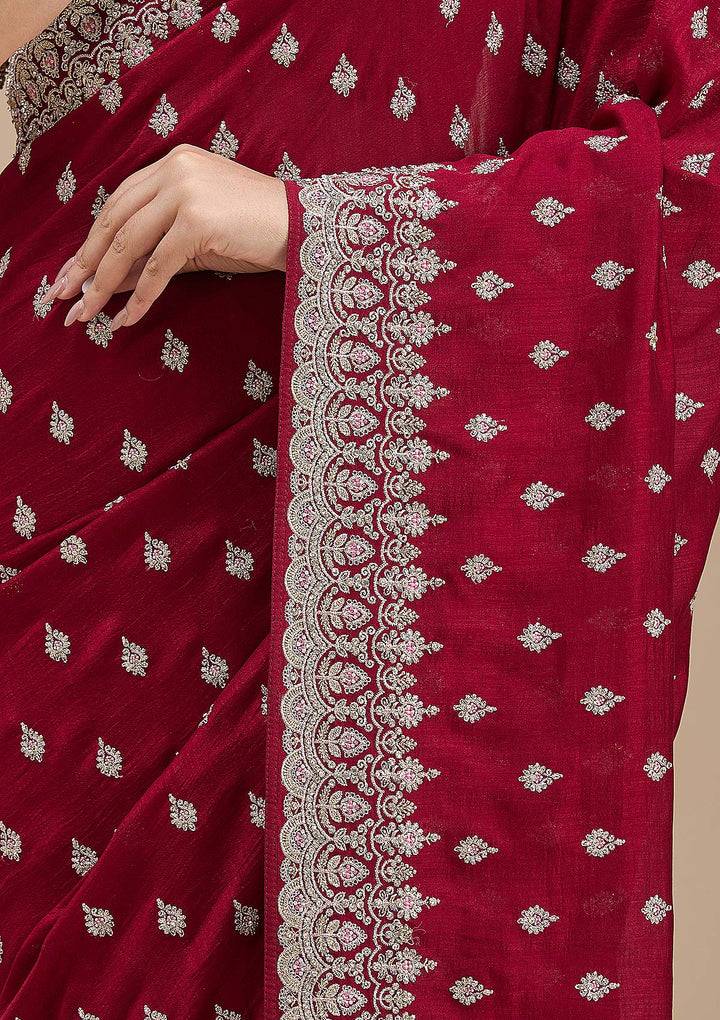 Maroon Threadwork Soft Raw Silk Saree