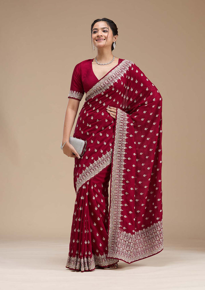 Maroon Threadwork Soft Raw Silk Saree