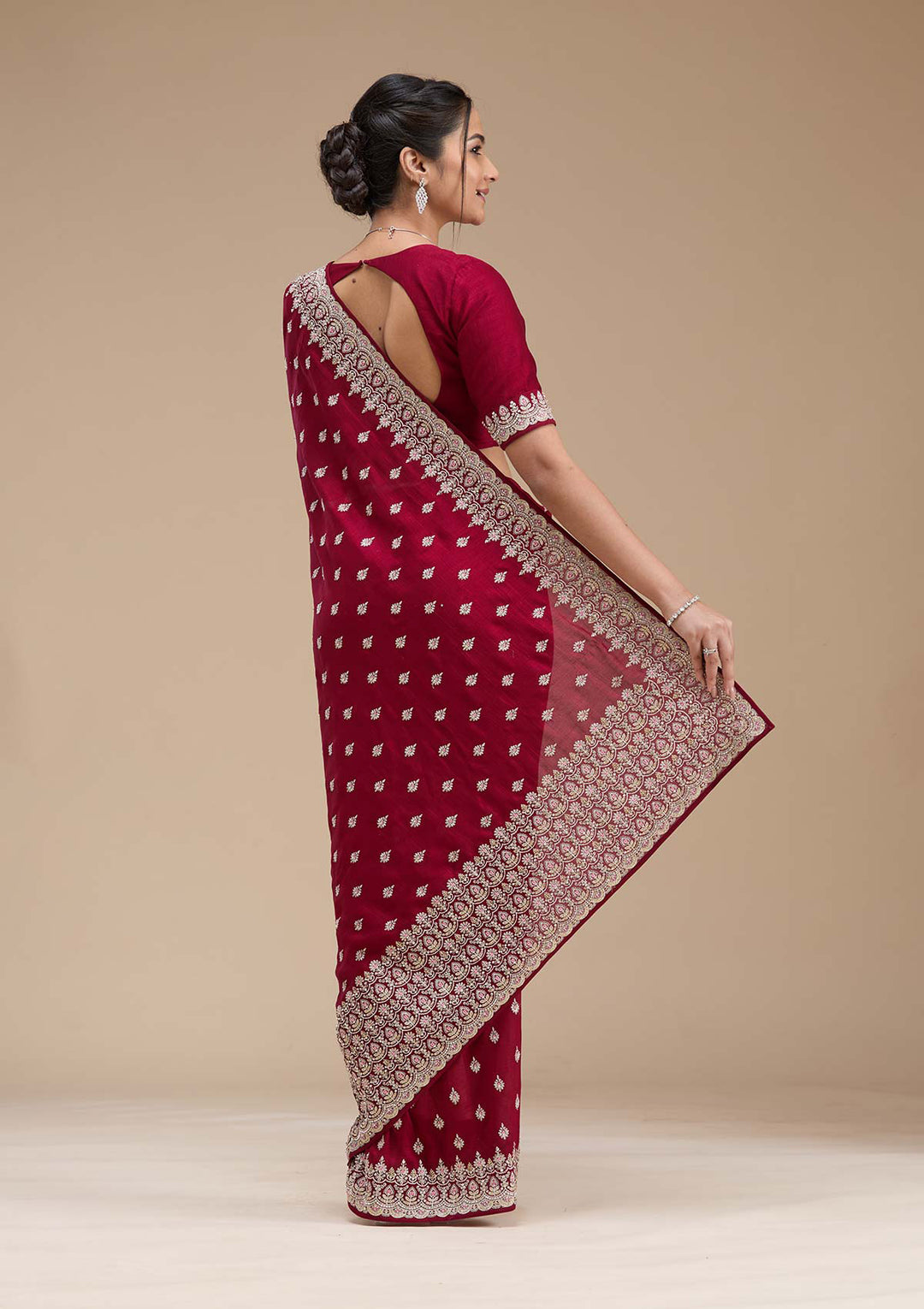 Maroon Threadwork Soft Raw Silk Saree