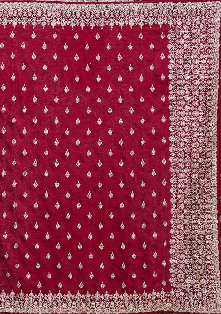 Maroon Threadwork Soft Raw Silk Saree