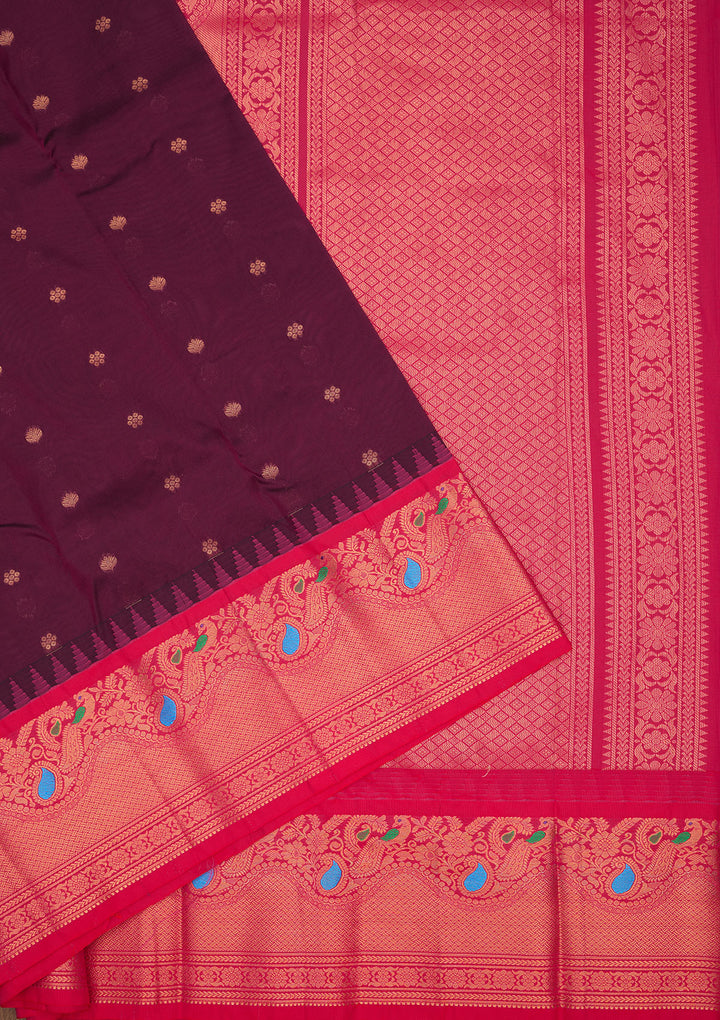 Wine Silk Buti Zariwork Saree With Matching Blouse Piece