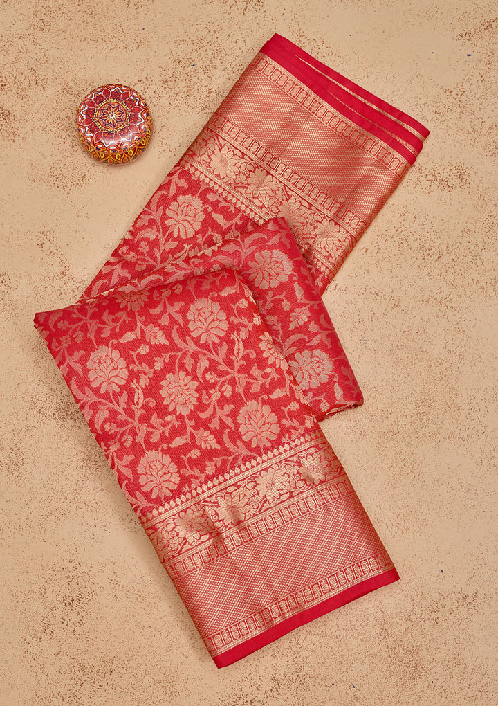 Rani Pink Pure Silk Jaal Zariwork Saree With Matching Blouse Piece
