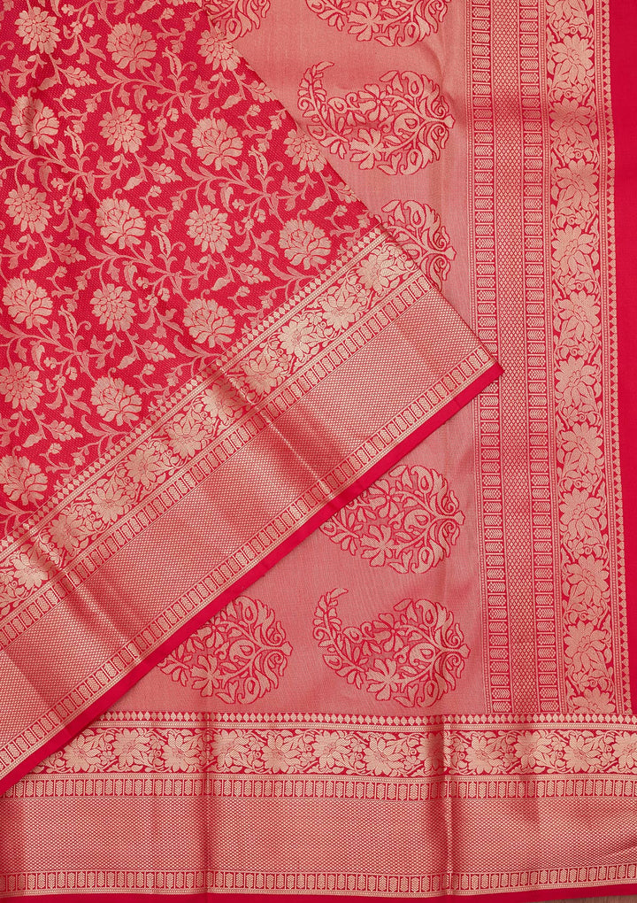Red Pure Silk Jaal Zariwork Saree With Matching Blouse Piece