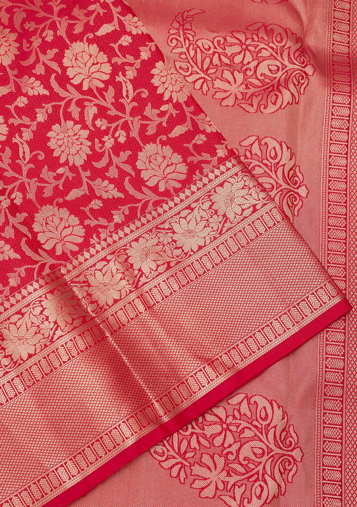 Red Pure Silk Jaal Zariwork Saree With Matching Blouse Piece