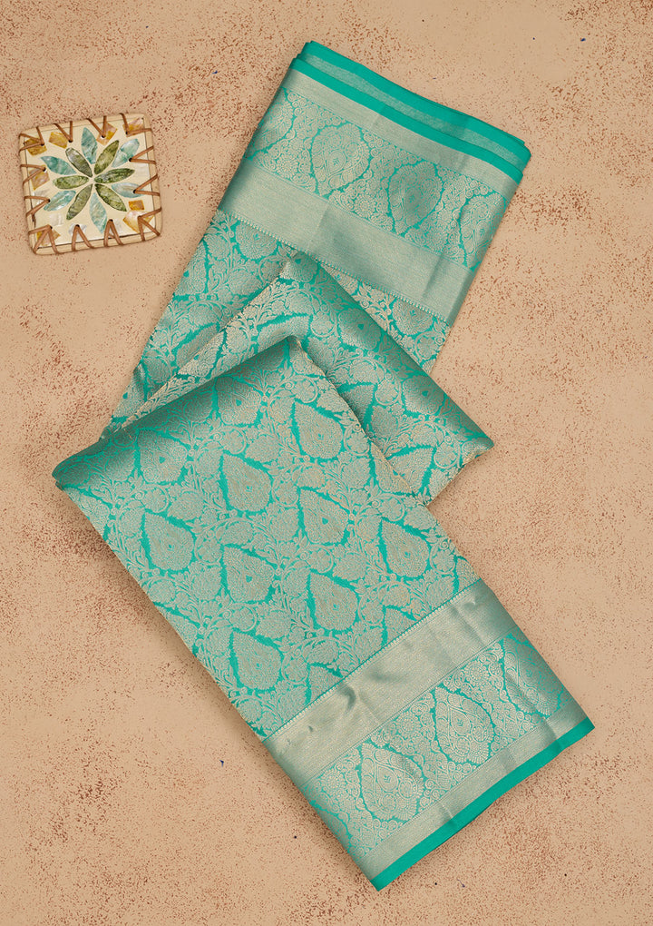 Turquoise Blue Pure Silk Jaal Zariwork Saree With Matching Blouse Piece