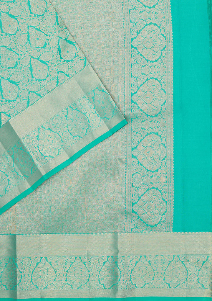 Turquoise Blue Pure Silk Jaal Zariwork Saree With Matching Blouse Piece