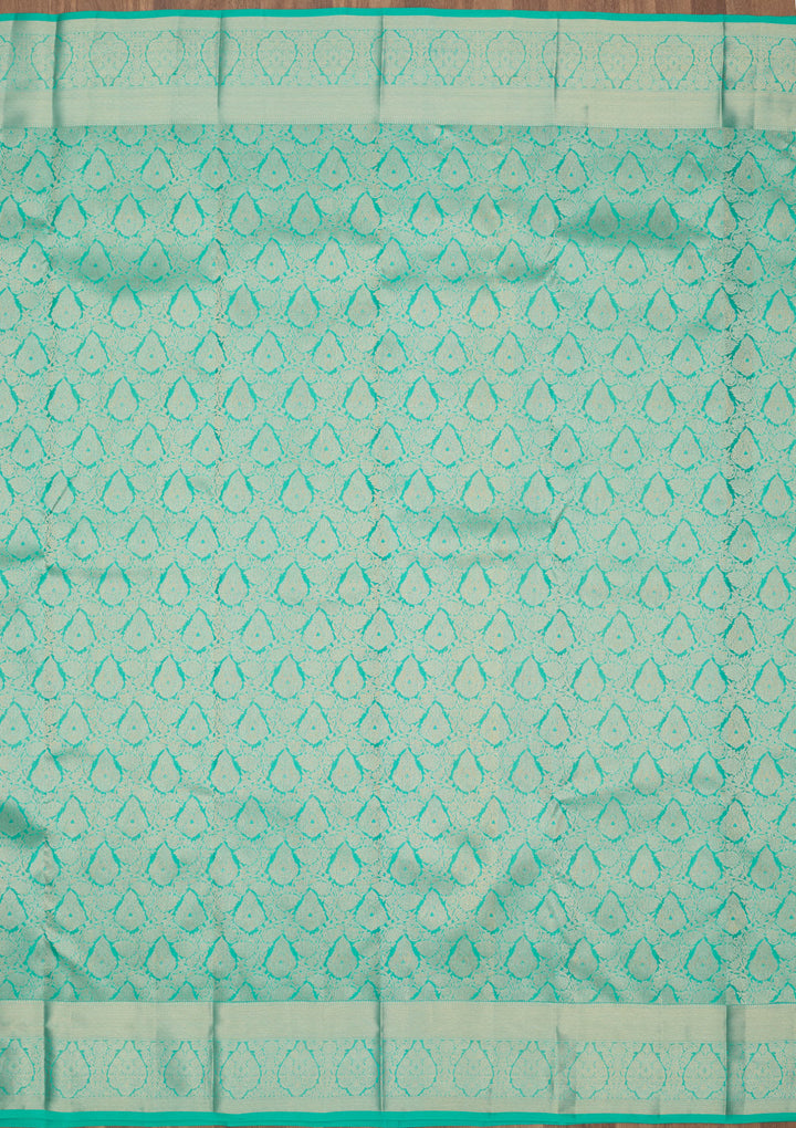 Turquoise Blue Pure Silk Jaal Zariwork Saree With Matching Blouse Piece