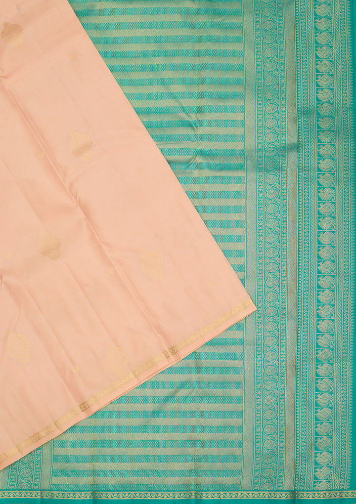 Light Peach Silk Buti Gold Zariwork Saree With Matching Blouse Piece