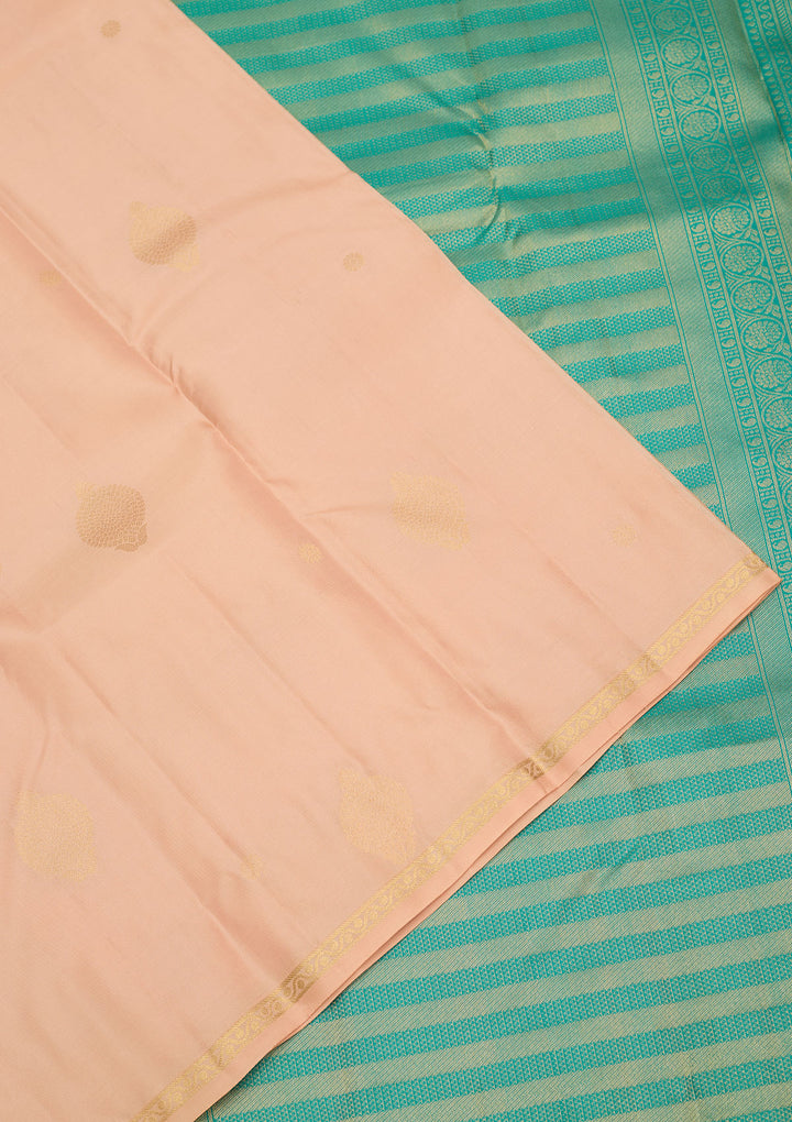 Light Peach Silk Buti Gold Zariwork Saree With Matching Blouse Piece