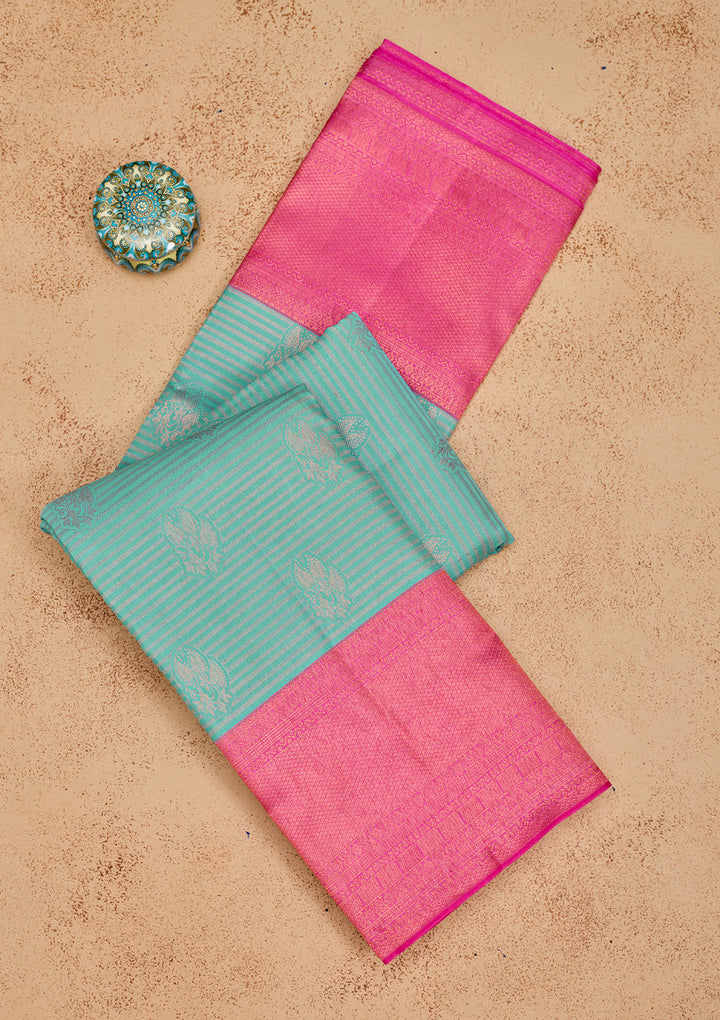Turquoise Blue Silk Buti Antique Zariwork Saree With Matching Blouse Piece