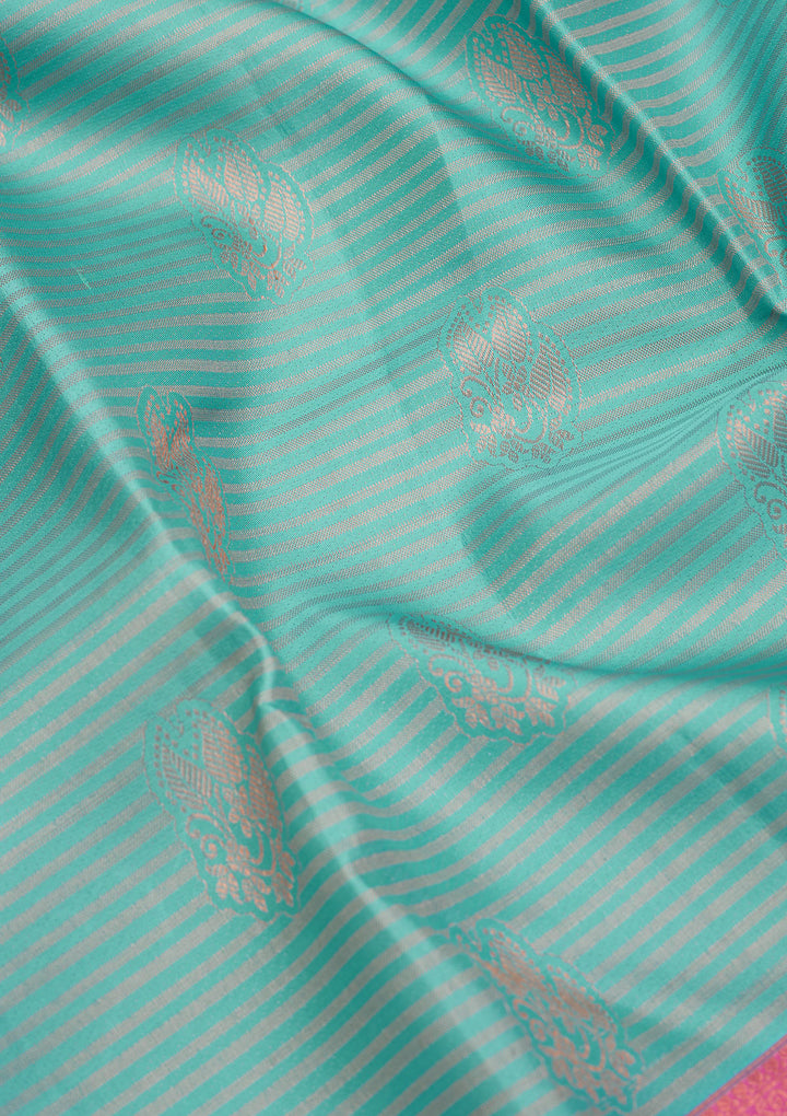 Turquoise Blue Silk Buti Antique Zariwork Saree With Matching Blouse Piece