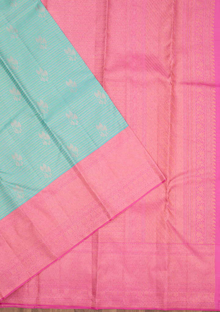 Turquoise Blue Silk Buti Antique Zariwork Saree With Matching Blouse Piece
