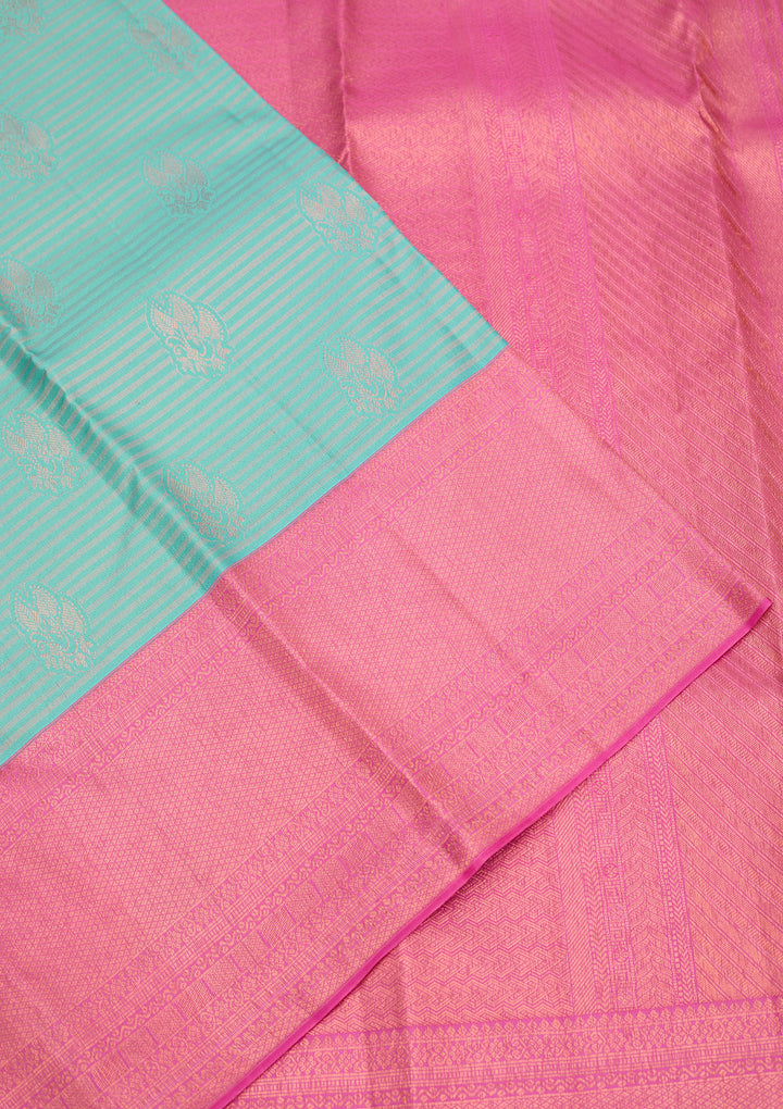 Turquoise Blue Silk Buti Antique Zariwork Saree With Matching Blouse Piece