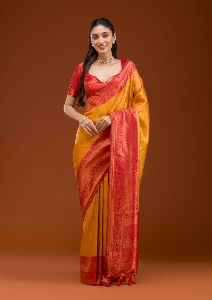 Mustard Silk Kanjivaram Gold Zariwork Saree With Matching Blouse Piece
