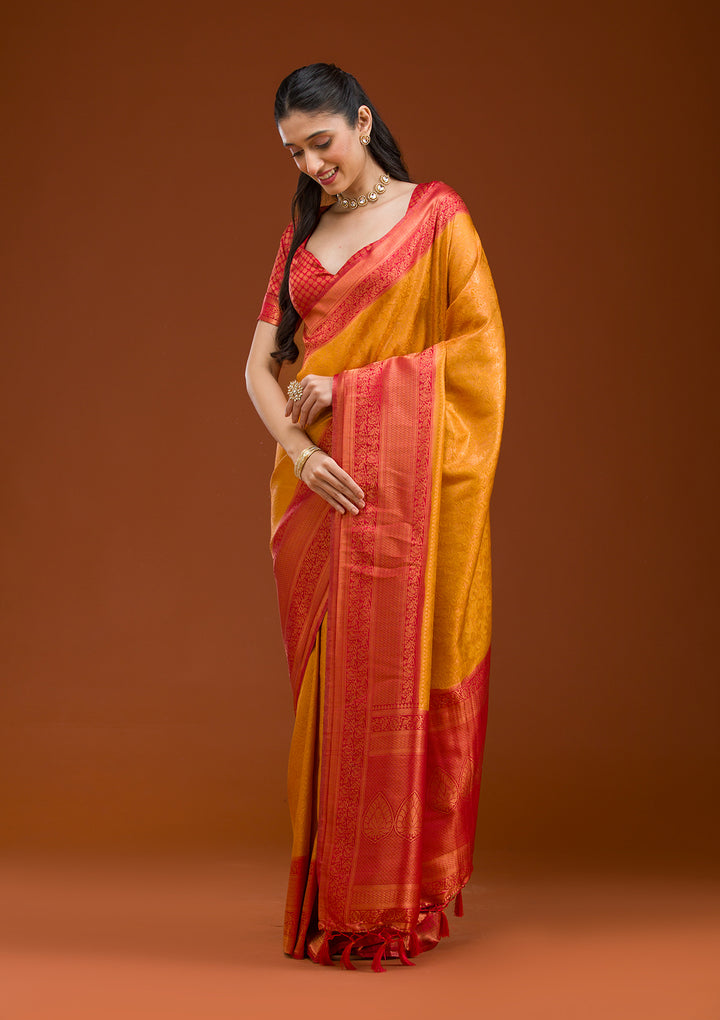 Mustard Silk Kanjivaram Gold Zariwork Saree With Matching Blouse Piece