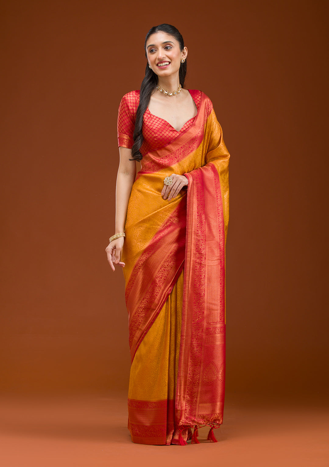 Mustard Silk Kanjivaram Gold Zariwork Saree With Matching Blouse Piece