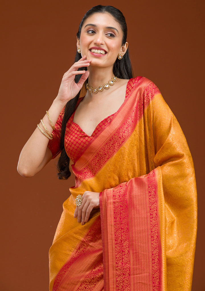 Mustard Silk Kanjivaram Gold Zariwork Saree With Matching Blouse Piece