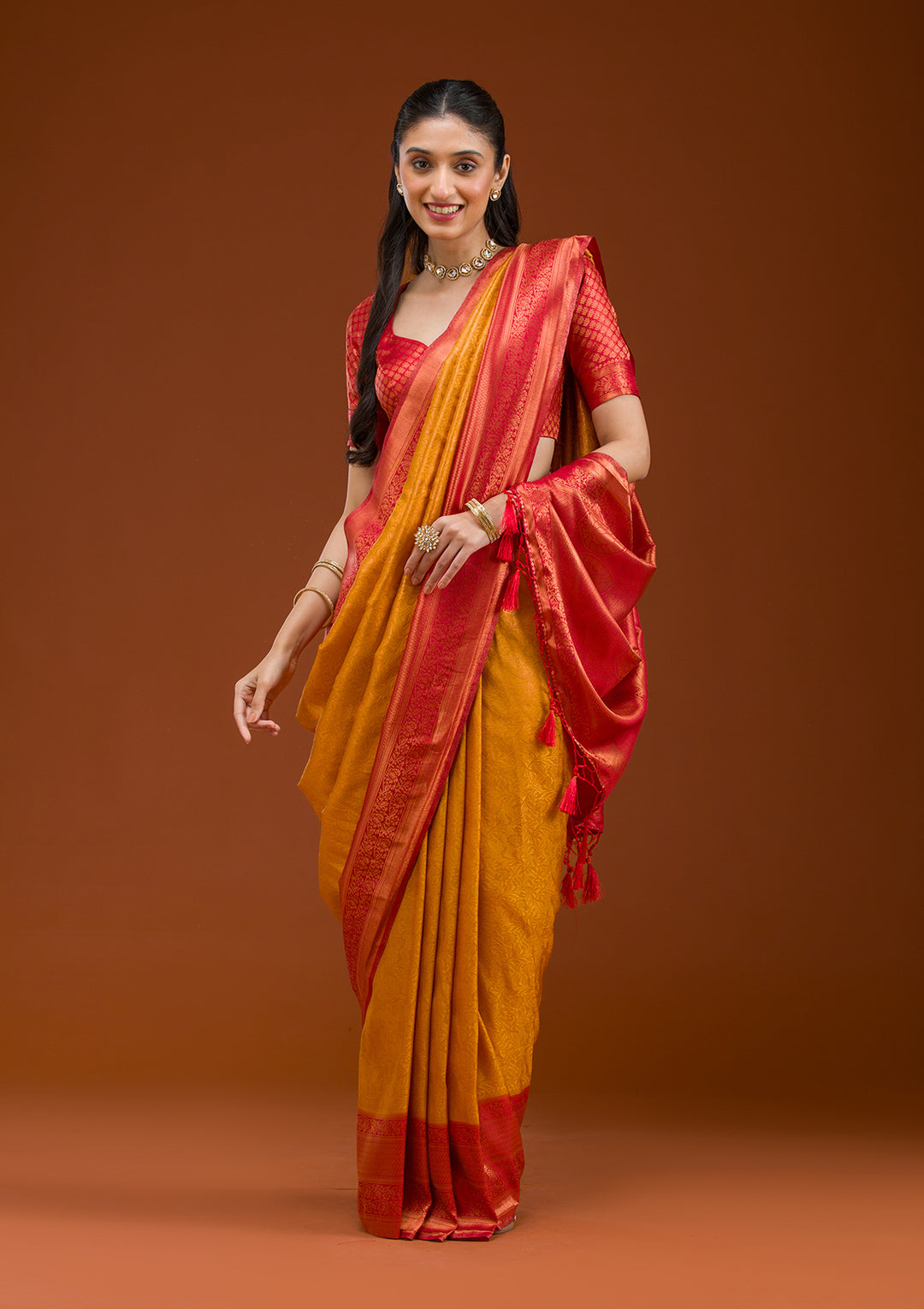 Mustard Silk Kanjivaram Gold Zariwork Saree With Matching Blouse Piece