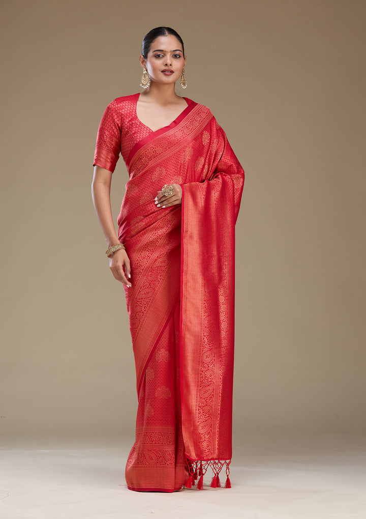 Red Silk Buti Gold Zariwork Saree With Matching Blouse Piece