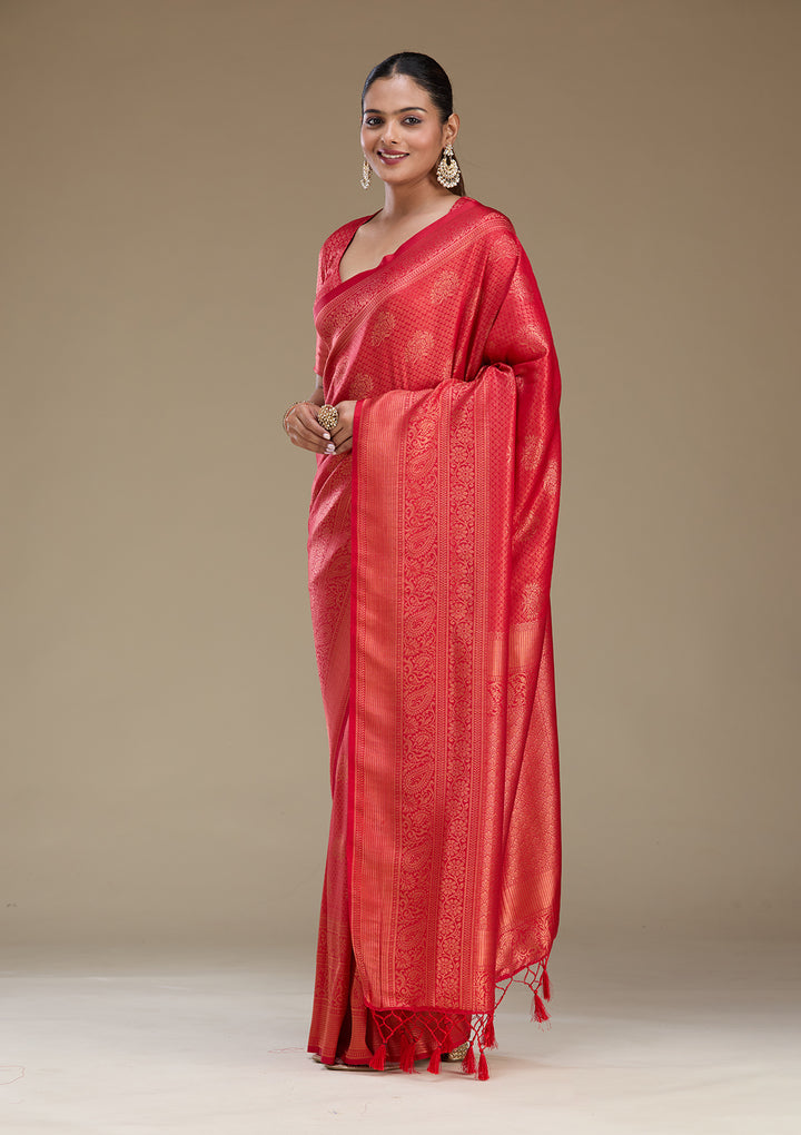 Red Silk Buti Gold Zariwork Saree With Matching Blouse Piece