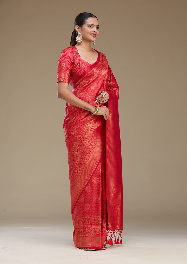 Red Silk Buti Gold Zariwork Saree With Matching Blouse Piece