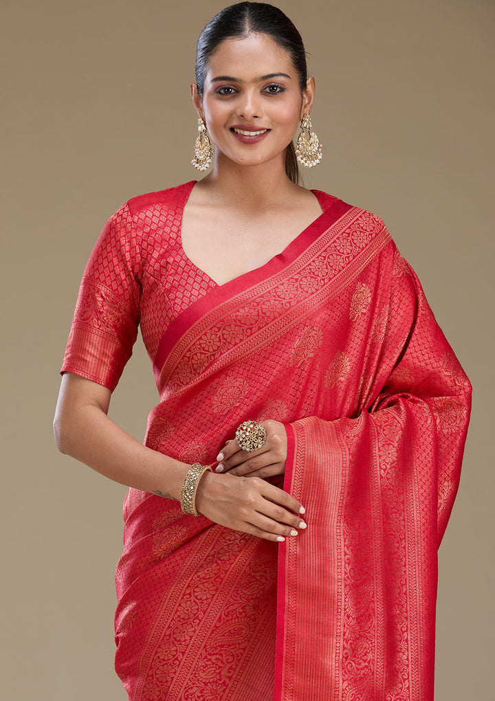 Red Silk Buti Gold Zariwork Saree With Matching Blouse Piece