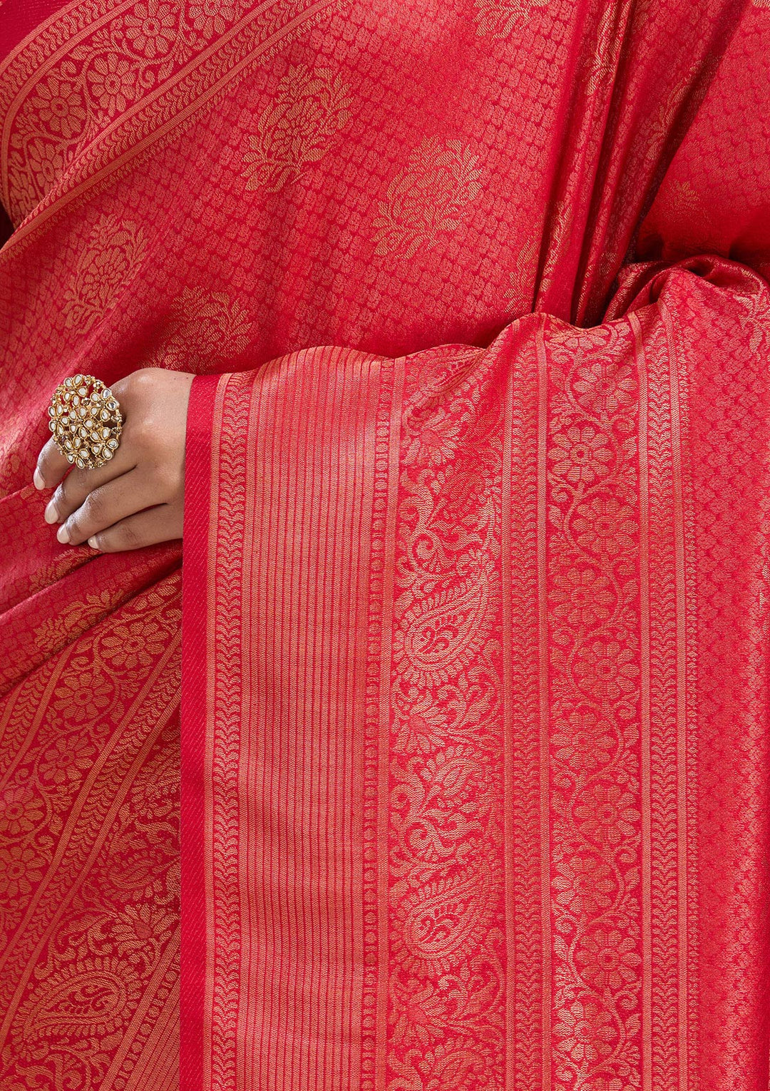 Red Silk Buti Gold Zariwork Saree With Matching Blouse Piece