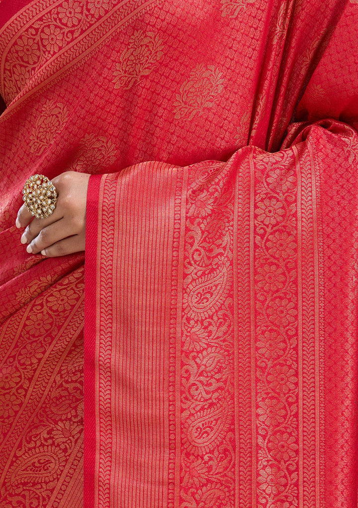 Red Silk Buti Gold Zariwork Saree With Matching Blouse Piece