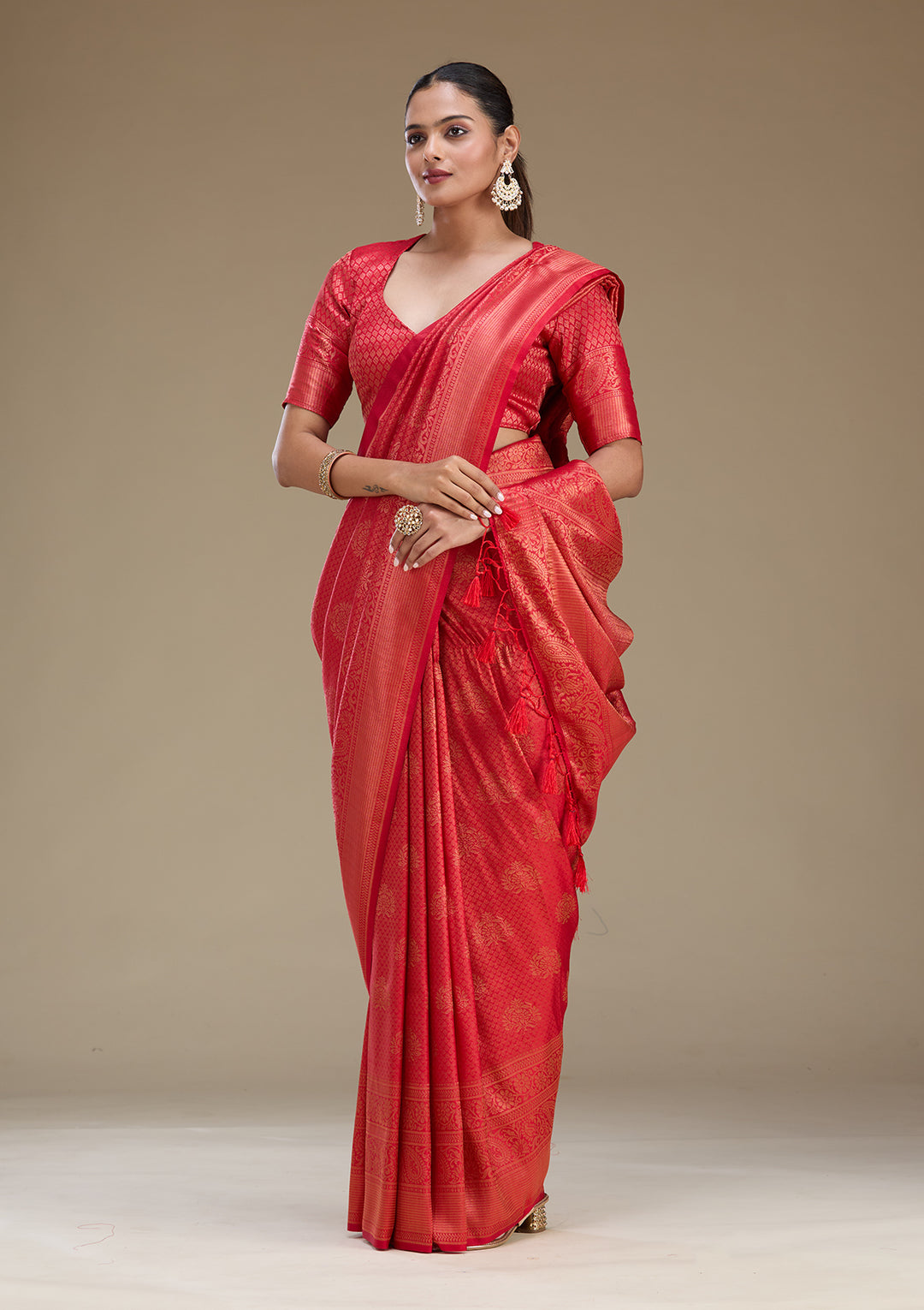 Red Silk Buti Gold Zariwork Saree With Matching Blouse Piece