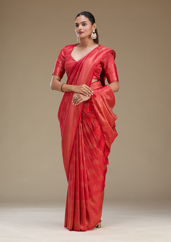 Red Silk Buti Gold Zariwork Saree With Matching Blouse Piece