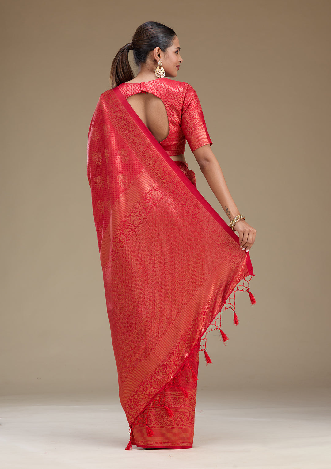 Red Silk Buti Gold Zariwork Saree With Matching Blouse Piece