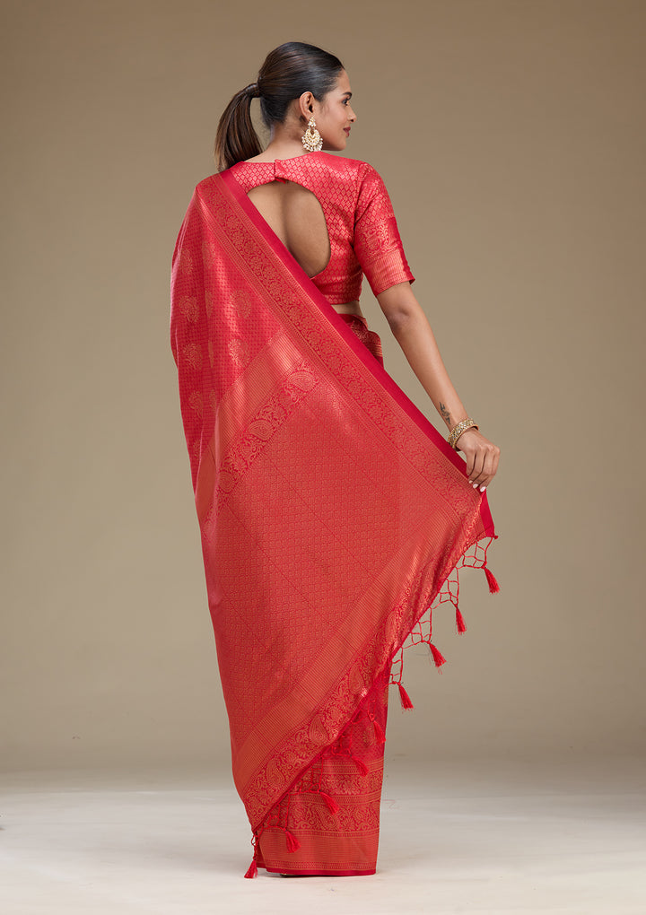 Red Silk Buti Gold Zariwork Saree With Matching Blouse Piece