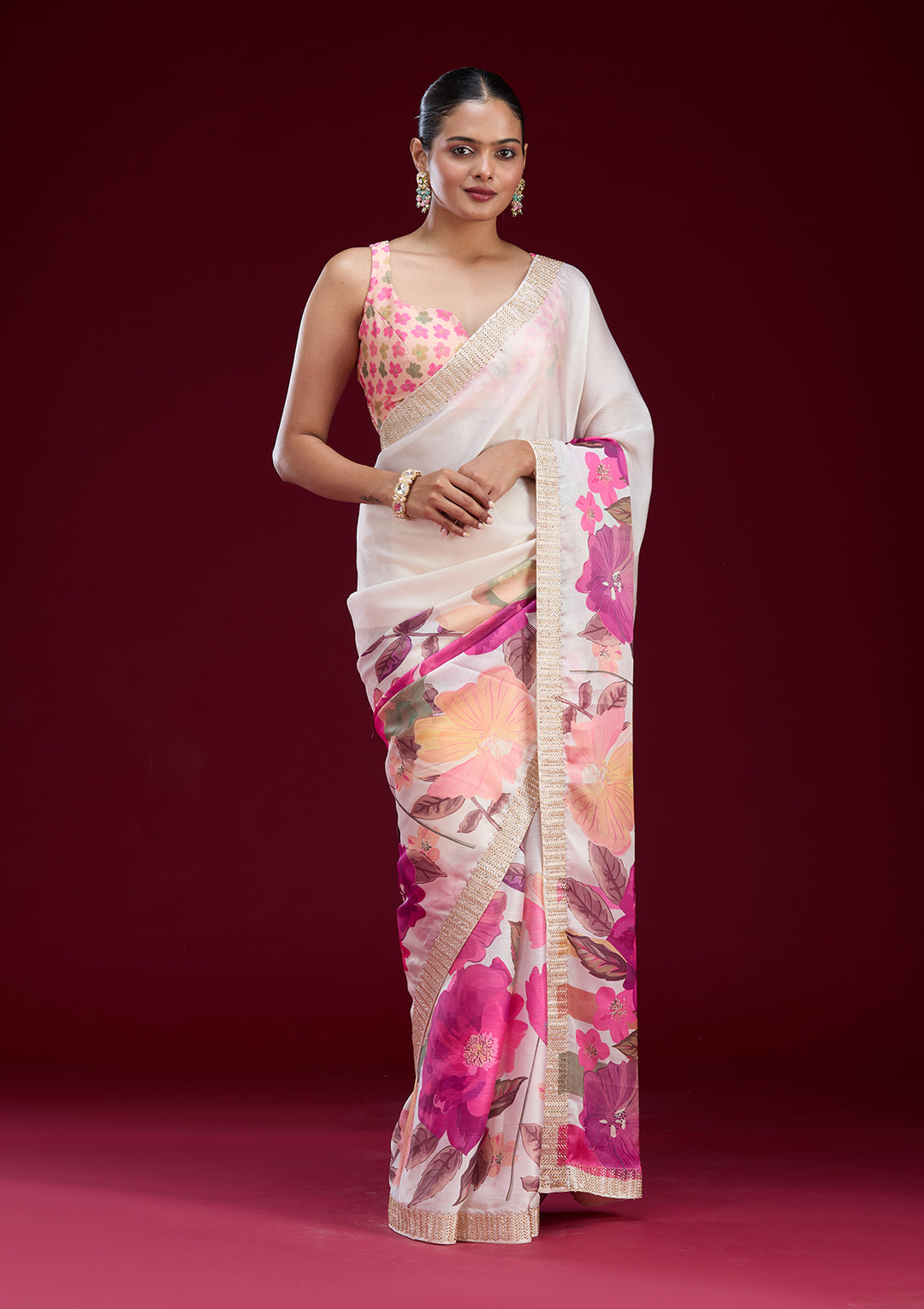 Cream Cutdana Chiffon Saree