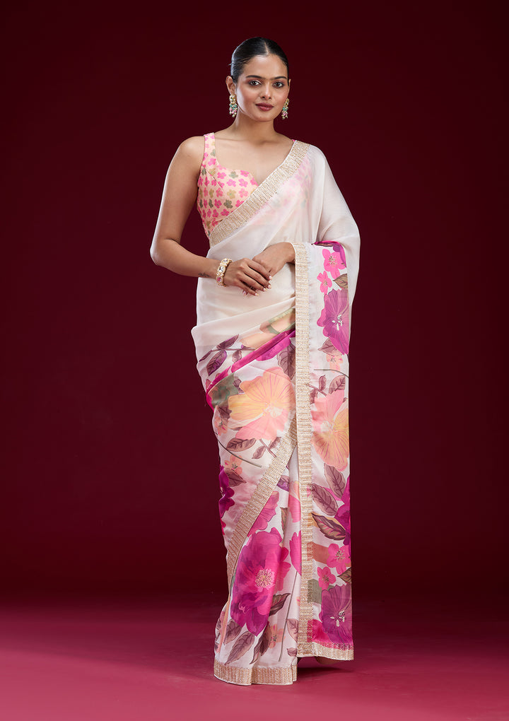 Cream Cutdana Chiffon Saree
