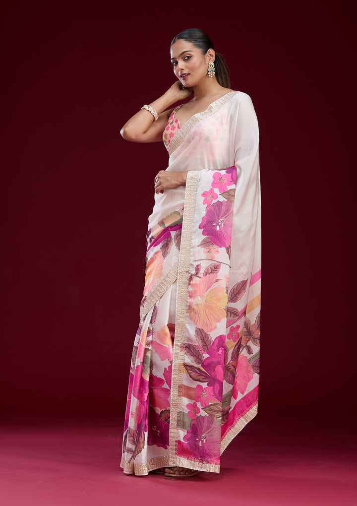 Cream Cutdana Chiffon Saree