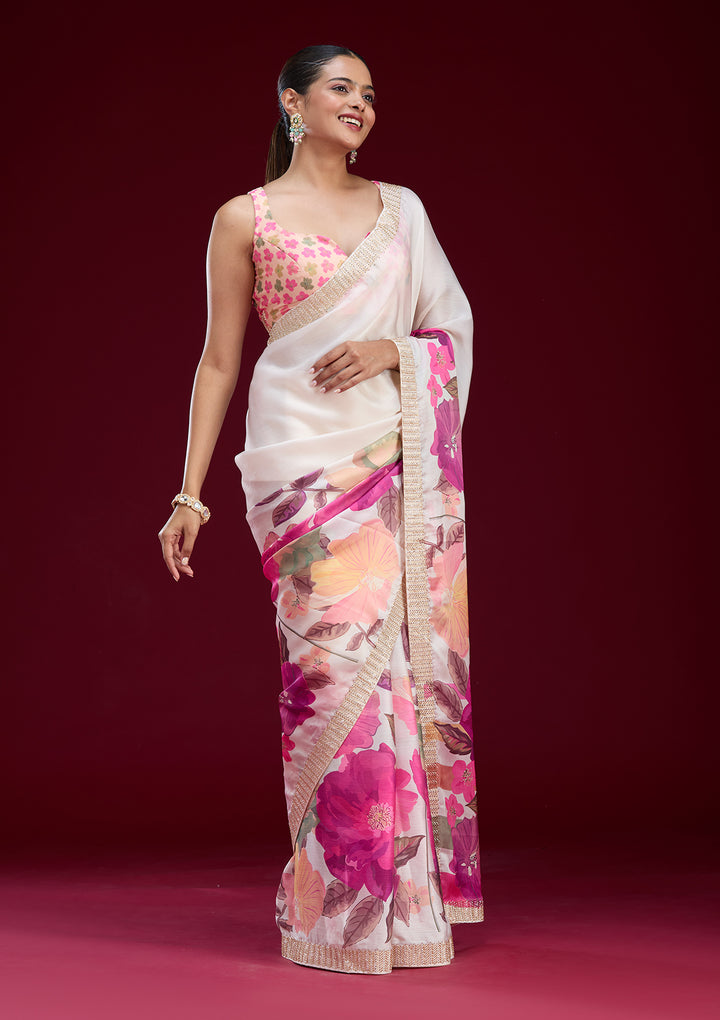 Cream Cutdana Chiffon Saree