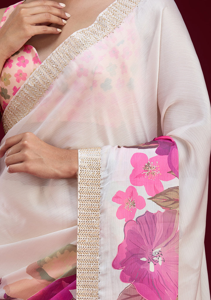 Cream Cutdana Chiffon Saree