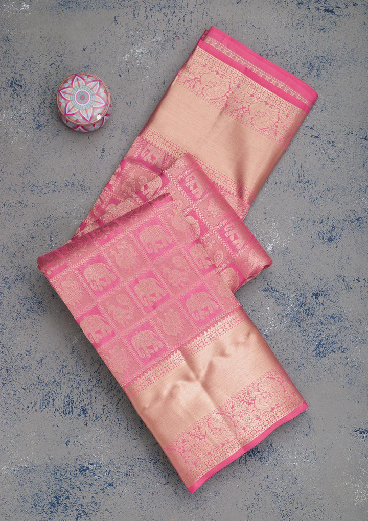 Onion Pink Silk Jaal Gold Zariwork Saree With Matching Blouse Piece