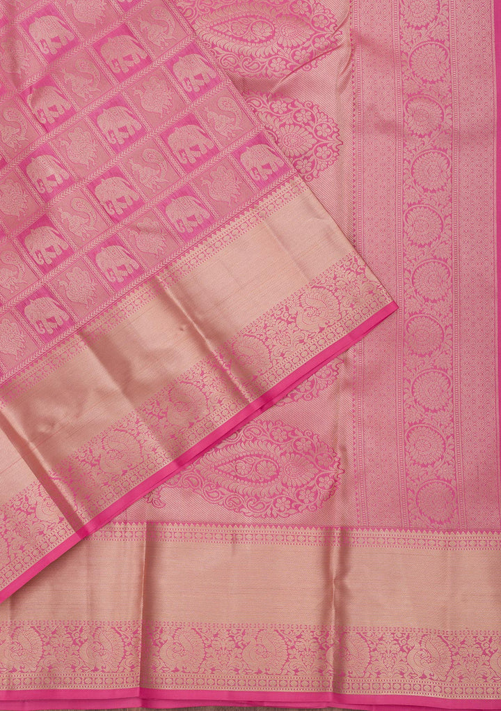 Onion Pink Silk Jaal Gold Zariwork Saree With Matching Blouse Piece