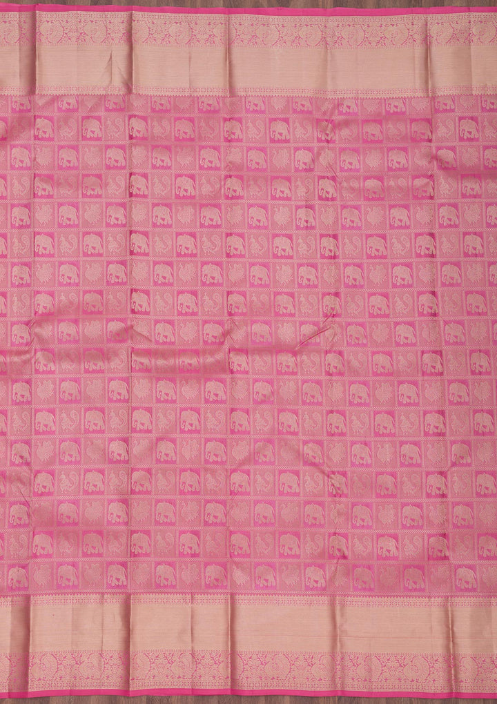 Onion Pink Silk Jaal Gold Zariwork Saree With Matching Blouse Piece