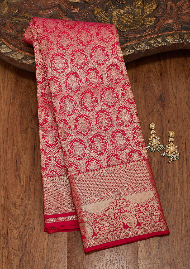 Red Silk Jaal Saree With Matching Blouse Piece