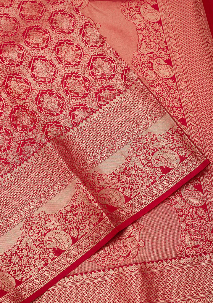 Red Silk Jaal Saree With Matching Blouse Piece