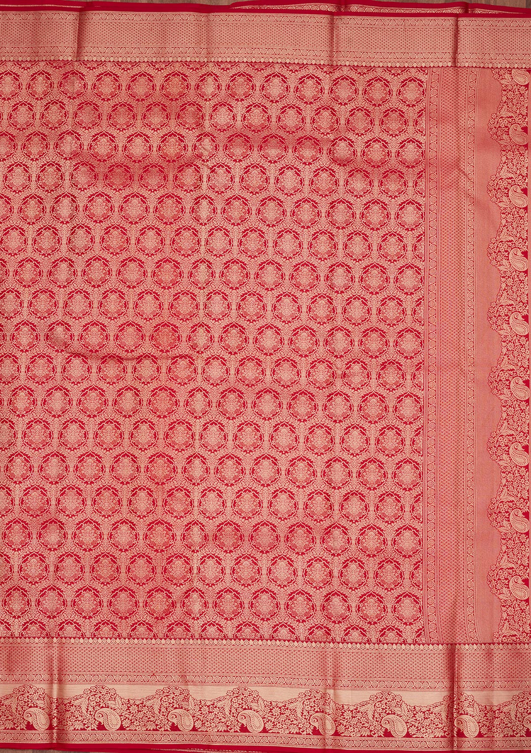 Red Silk Jaal Saree With Matching Blouse Piece