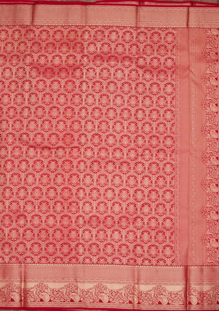 Red Silk Jaal Saree With Matching Blouse Piece